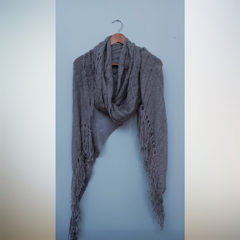 Staring At Stars Urban Outfitters Eyelet With Fringe Scarf Light Gray OS